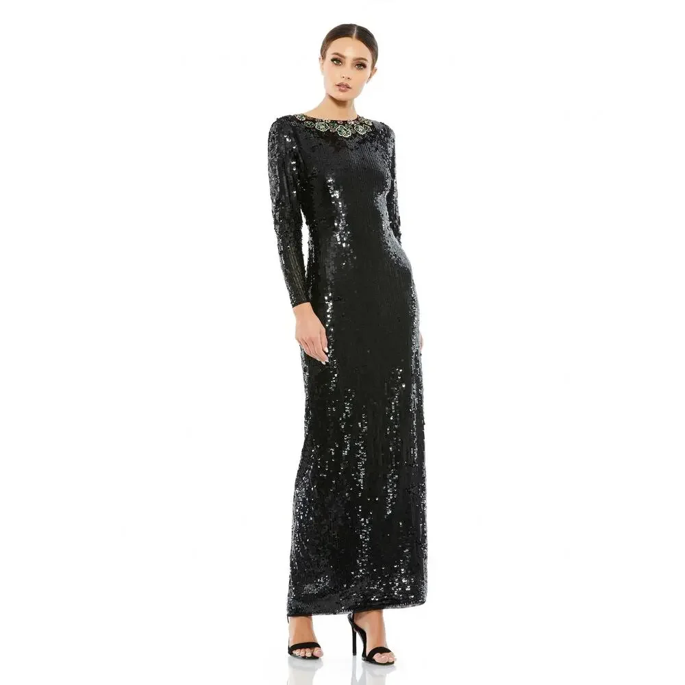 MAC DUGGAL 93613 Sequined Embellished Collar Gown Long Sheer Sleeve Lined 8 NEW